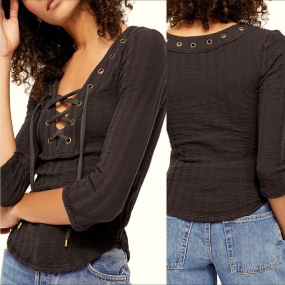 Free People Women's Ice Cold Top Washed Black Size Medium 3/4 Sleeve NWT - Picture 1 of 7